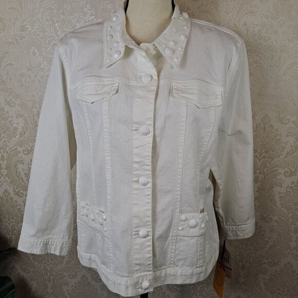 Ruby Rd Size 18 White Denim Jacket White Stone Embellishment 3/4 Sleeves NWT - Picture 1 of 14